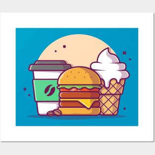 Burger with Cup of Coffee and Ice Cream Cartoon Vector Icon Illustration Posters and Art